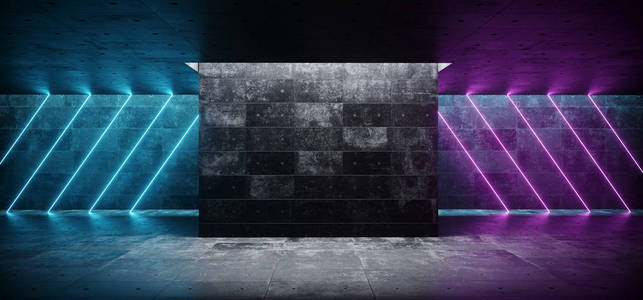 现代未来派科幻黑暗空的混凝土房间与空的空间为文本与紫色和蓝色霓虹灯线管背景壁纸3d 渲染插图