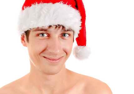 年轻的人像在圣诞老人帽子查出的白色背景特写镜头