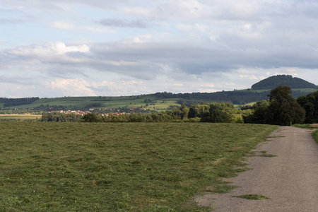 在8月德国南部一个非常阳光明媚的日子里, 你可以看到绿色田野旁的道路, 天空与阴郁的多云天空