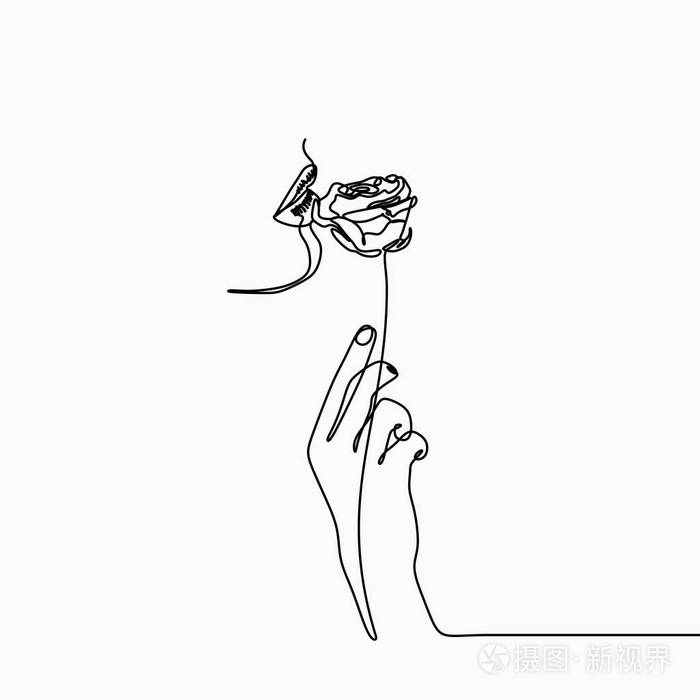 用一只手,玫瑰花和女孩的嘴画一条线艺术画.