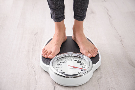 用地板秤衡量体重的女人图片