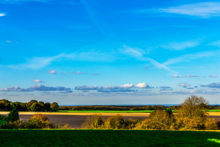 英国绿草甸在一个晴朗的日子, 一个典型的乡村风景的不列颠农村, 一个农村的领域