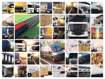 拼贴画与面包车和卡车的组合。运输和物流的概念