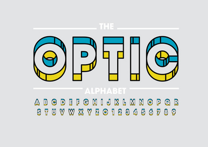 光学字体和字母表模板。色彩化现代字体的彩色矢量图解