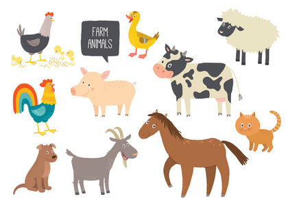 一套可爱的农场动物。马, 牛, 绵羊, 猪, 鸭子, 母鸡, 山羊, 狗, 猫, 公鸡。卡通矢量手绘 eps 10 儿童插图在白