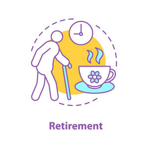 退休概念图标。衰老思想细线条插图。老人。老太太, 茶杯和钟。矢量隔离轮廓图