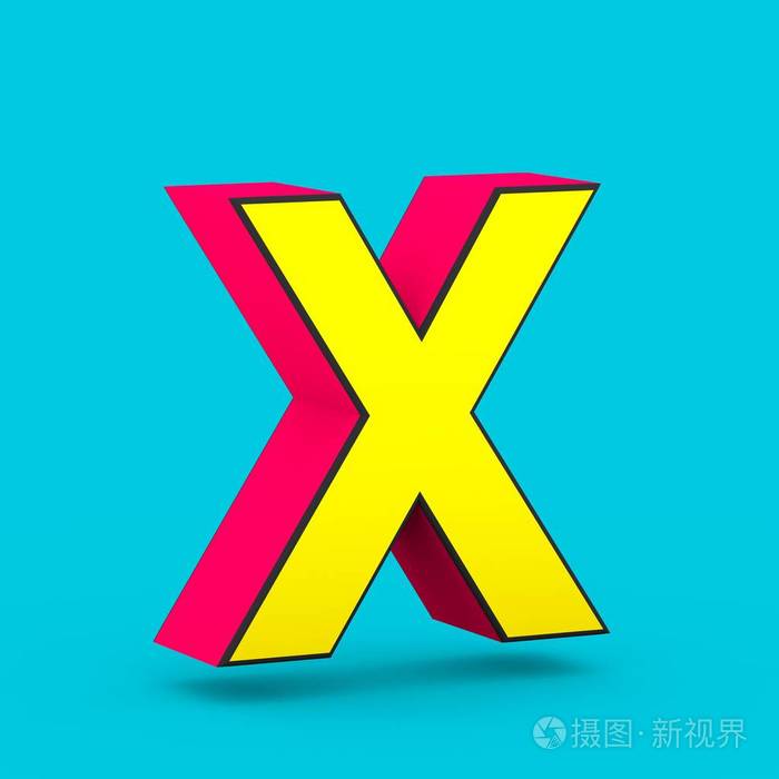 英雄字母x大写3d渲染在蓝色背景下被隔离的样式化复古红色和黄色字体