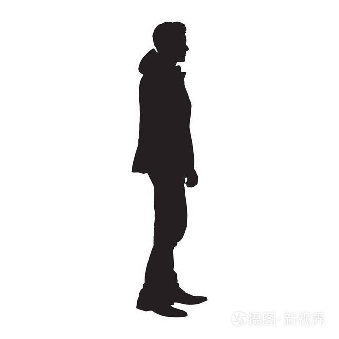 站着的人在冬天的夹克, 孤立的向量剪影.侧视图