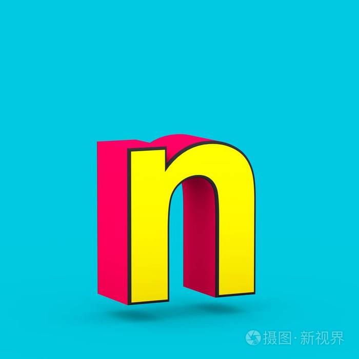 英雄字母n小写3d渲染在蓝色背景下被隔离的样式化复古红色和黄色字体