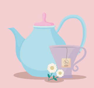 茶壶与一杯洋甘菊孤立的图标矢量插图设计