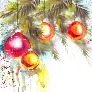 圣诞节装饰与球, 杉木树枝, 水彩滴和流下。水彩插图