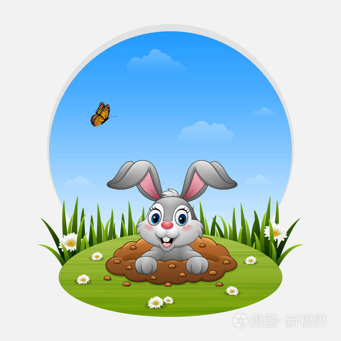 卡通兔子的矢量插画从草地上的洞里出来
