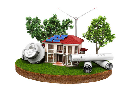 节能住宅的概念太阳能板和一个风车在一块土地附近的电能表3d 渲染白色无阴影