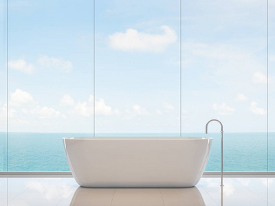 简约风格的浴室3d 渲染, 有白色的地板, 无框架的玻璃墙和圆形浴缸, 有大窗户俯瞰全海景