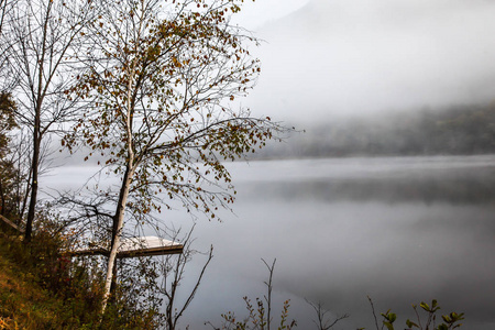 初秋的早晨, 湖边有雾