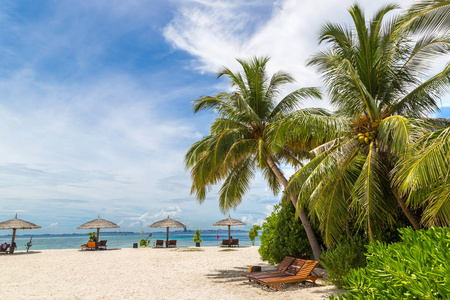 夏季日在马尔代夫热带海滩上的木制日光浴和雨伞