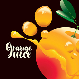 向量横幅与成熟多汁橙, 果汁飞溅和书法铭文橙汁在黑色背景