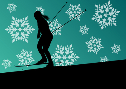 活跃的年轻女人女孩滑雪运动剪影在冬天的冰