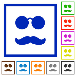 眼镜和胡子扁平的颜色图标在方形框架在白色背景