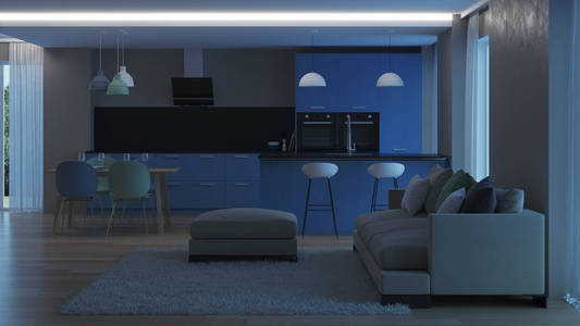 现代房子内部。蓝色的厨房。晚上。晚上照明。3d 渲染