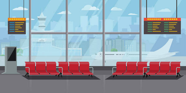 机场内等候厅离境休息室现代终端概念。高详细平面彩色矢量图