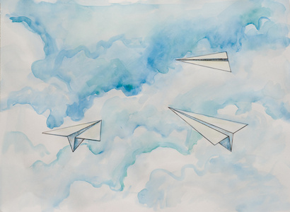 水彩组成的纸飞机，