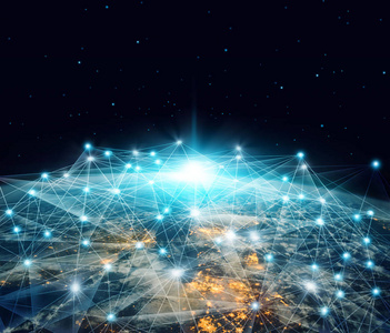 网络和数据交换。全球网络业务和电信连接在地球上的空间3d 渲染。Nasa 提供的这个图像的元素
