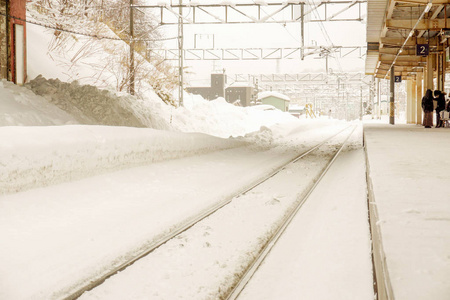 地方火车站和金属长铁路的外部视野在冬季厚雪覆盖的火车站台上的人们等待火车站在白色雾的背景下火车站