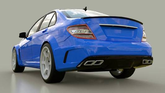 蓝色超级快跑车的灰色背景。车身形状轿车。调整是一个普通的家庭汽车的版本。3d 渲染