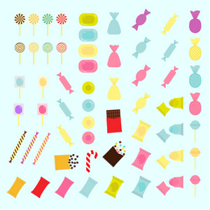 矢量集五颜六色的糖果的各种形状的扁平风格。糖果图标
