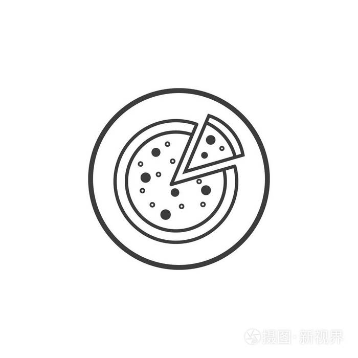 圆框中比萨饼的黑白线条艺术图标