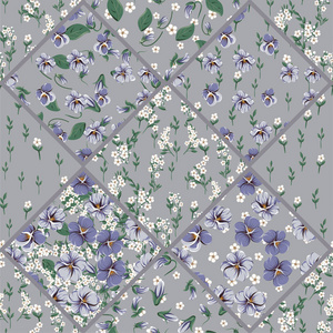 向量无缝拼凑图案与紫罗兰叶, 紫红色花和小白色简单的花朵在灰色背景