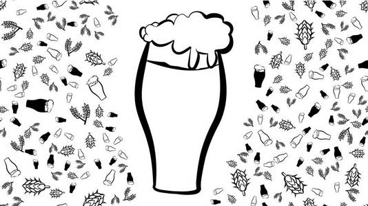 大型啤酒玻璃和纹理无缝图案的多色杯与啤酒淡暗与树枝的啤酒花和麦芽植物。背景。矢量插图