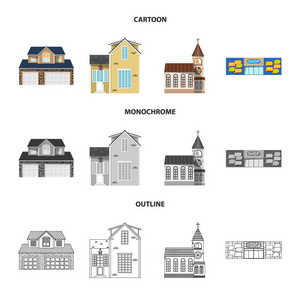 建筑物和前面符号的孤立对象。股票的建筑和屋顶矢量图标集合