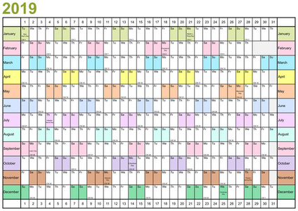 年计划者2019线性地以公众假日为美国和每个月以不同的明亮的颜色