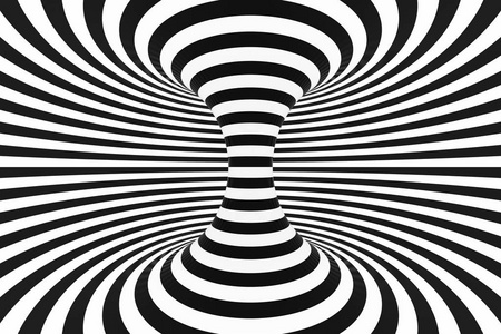 黑色和白色螺旋隧道。条纹扭曲的催眠光学错觉。抽象背景。3d 渲染