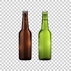 逼真的棕色和绿色玻璃啤酒瓶查出的对象在透明的背景。向量例证