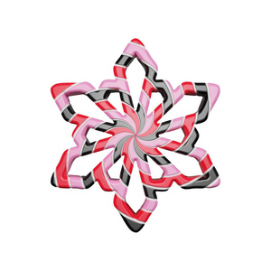 在白色背景下的红色, 粉红色和黑色颜色的节日雪花。棒糖由条纹扭曲焦糖制成。3d 渲染