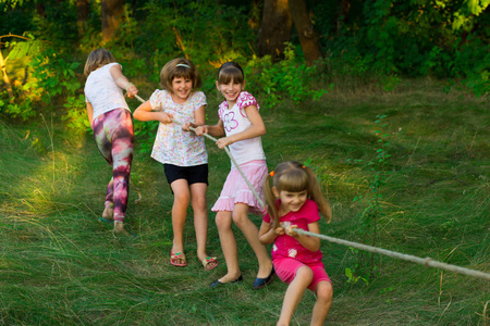 一群快乐的孩子在草地上玩拔河比赛。孩子们在公园里拉绳子。夏令营乐趣