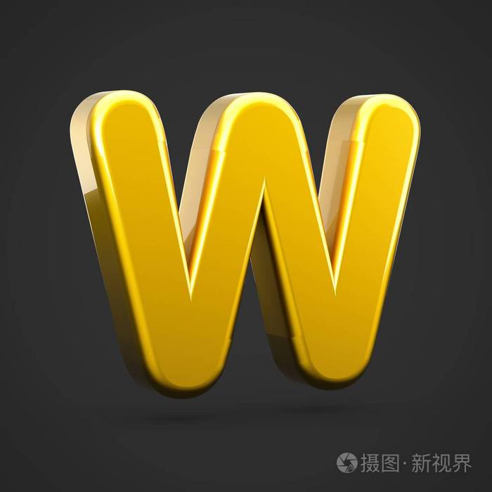 金色字母 w 大写.3d 渲染字体与黑色背景下的金色纹理隔离