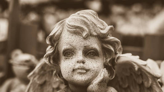 闭上天使娃娃脸的棕褐色色调, 小天使脸浅景深水平摄影