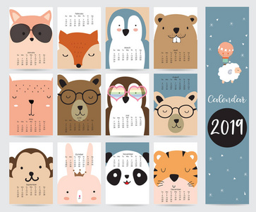 可爱的月历2019与狐狸, 熊, 企鹅, 兔子, 老虎, 熊猫, 猴子, 松鼠和眼镜。可用于网页, 横幅, 海报, 标签和打印