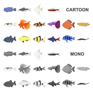 不同类型的鱼卡通图标集集为设计。海洋和水族鱼矢量符号股票网页插图