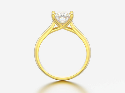 3d 例证黄色金子订婚幻觉扭曲的圆环与金刚石在灰色背景