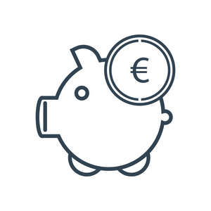 矢量图线 轮廓绘图储蓄，存钱罐图标带有白色背景上孤立的欧元硬币 web 图标。收入
