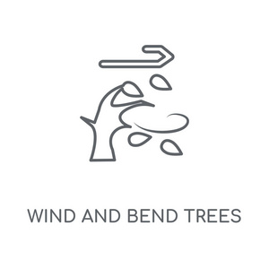 风和弯曲树线性图标。风和弯曲树概念笔画符号设计。薄的图形元素向量例证, 在白色背景上的轮廓样式, eps 10