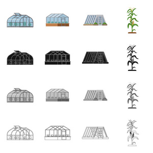 温室和植物图标的孤立对象。温室和庭院股票载体例证的汇集