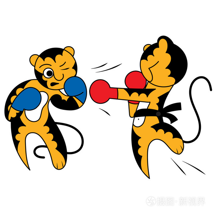 矢量卡通两只老虎幼崽可爱青少年武术