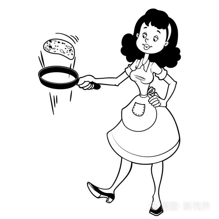 可爱的家庭主妇在平底锅里,煎饼用围裙.大纲
