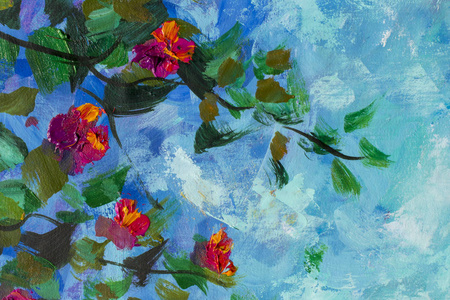 春天油画分支与绿叶红色紫罗兰色的花反对蓝色弥散抽象天空在帆布印象派自然花卉艺术品